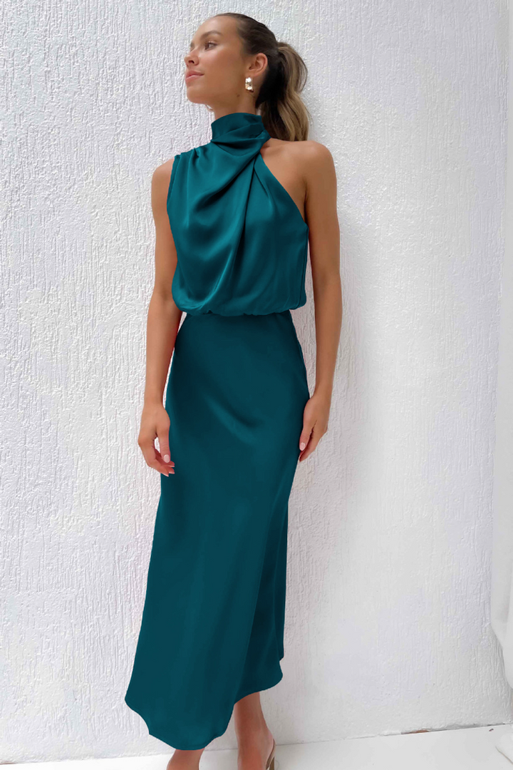 Elegante midi-jurk met asymmetrische ronde halslijn