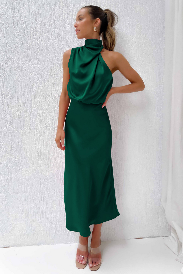 Elegante midi-jurk met asymmetrische ronde halslijn