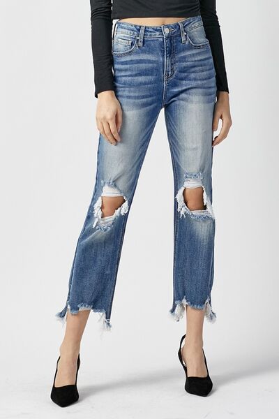 Vianne | Hoge taille distressed cropped straight Spijkerbroek