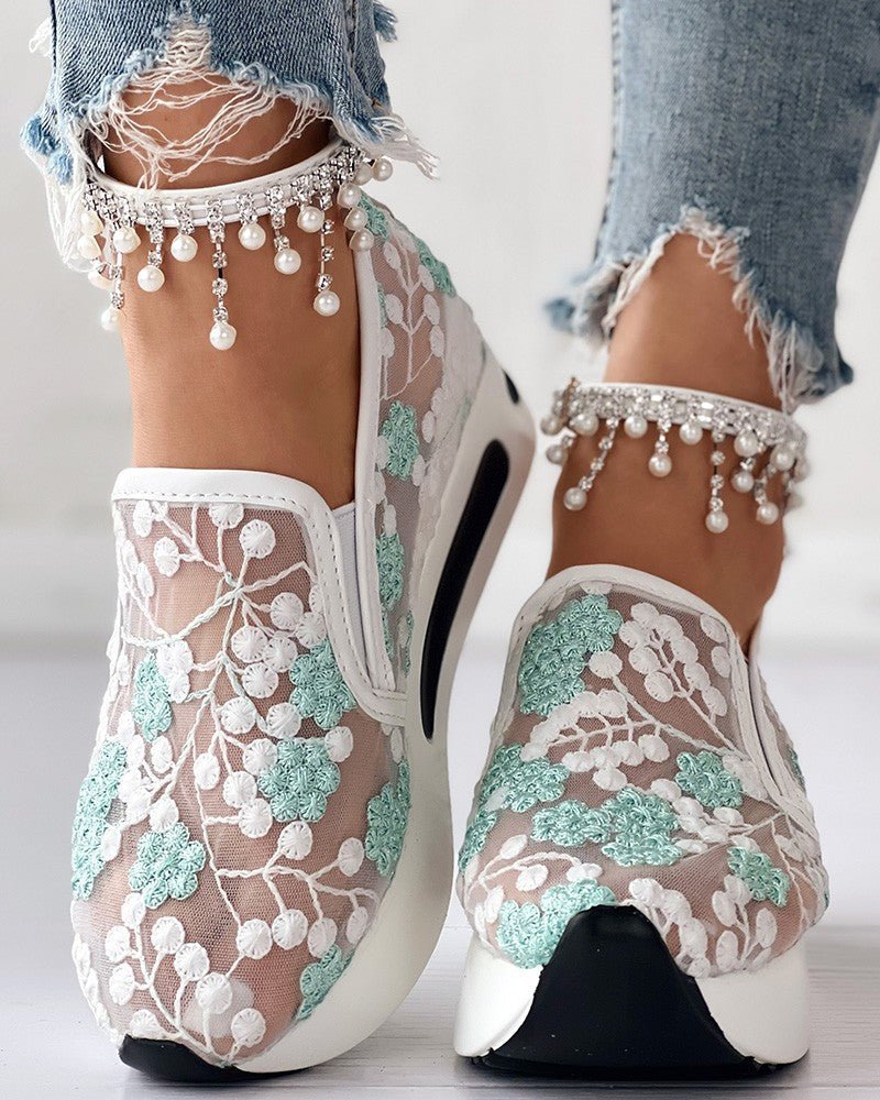 Floria | Gebloemde Mesh Sneakers - Groen - #Calora#