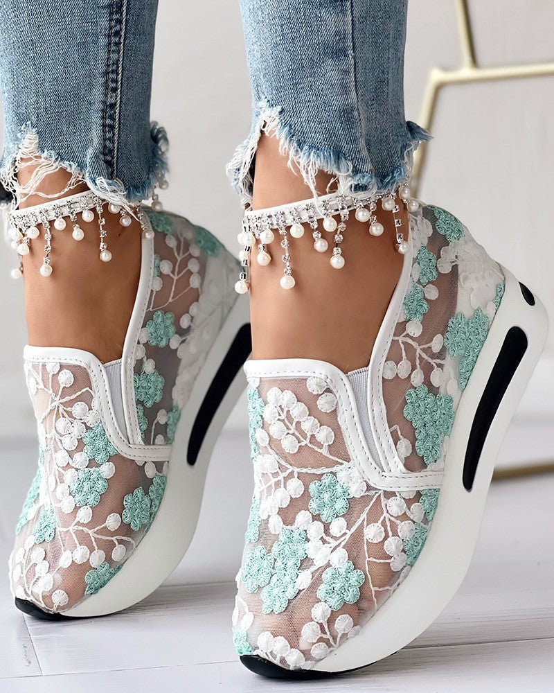 Floria | Gebloemde Mesh Sneakers - Groen - #Calora#