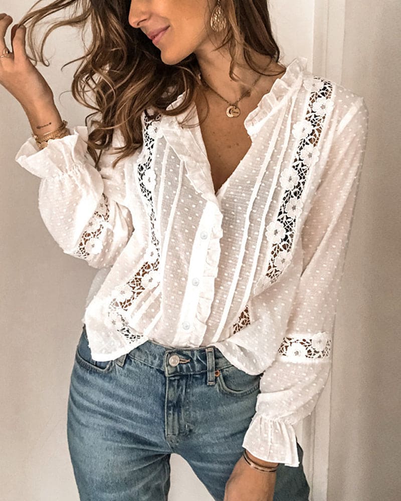 Hannah | Elegante Witte Kanten Blouse - Blouse - S - #Calora#