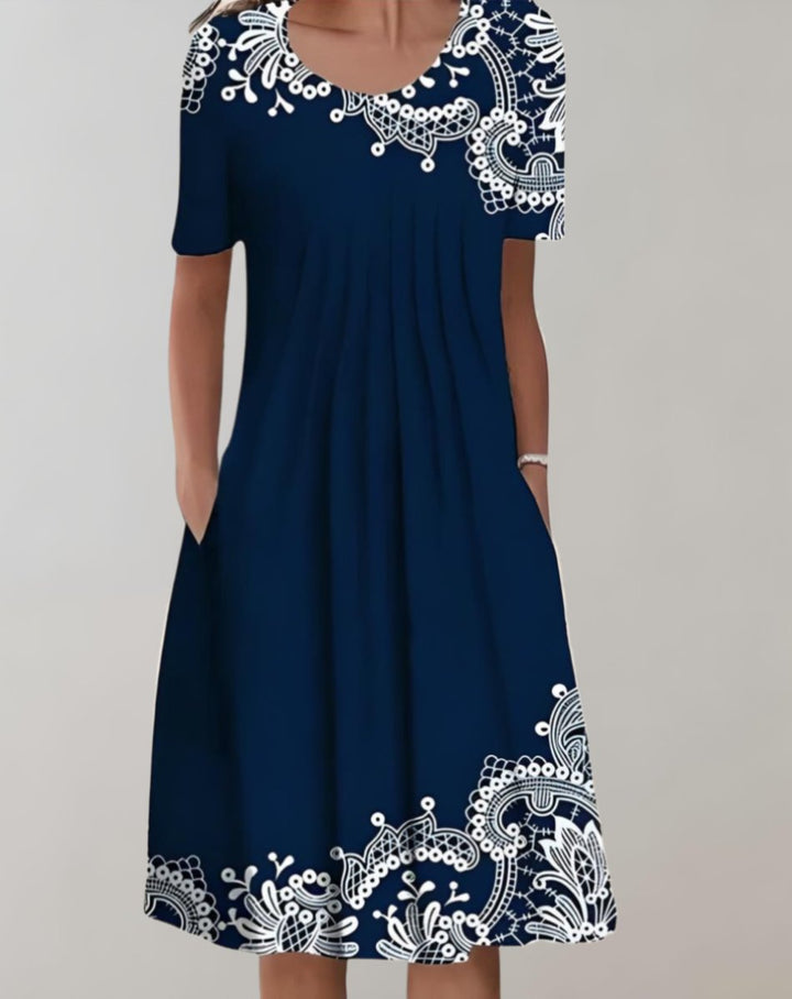 Inès | Bohemian Midi - Jurk - Jurk met bloemenpatroon - Donkerblauw - #Calora#