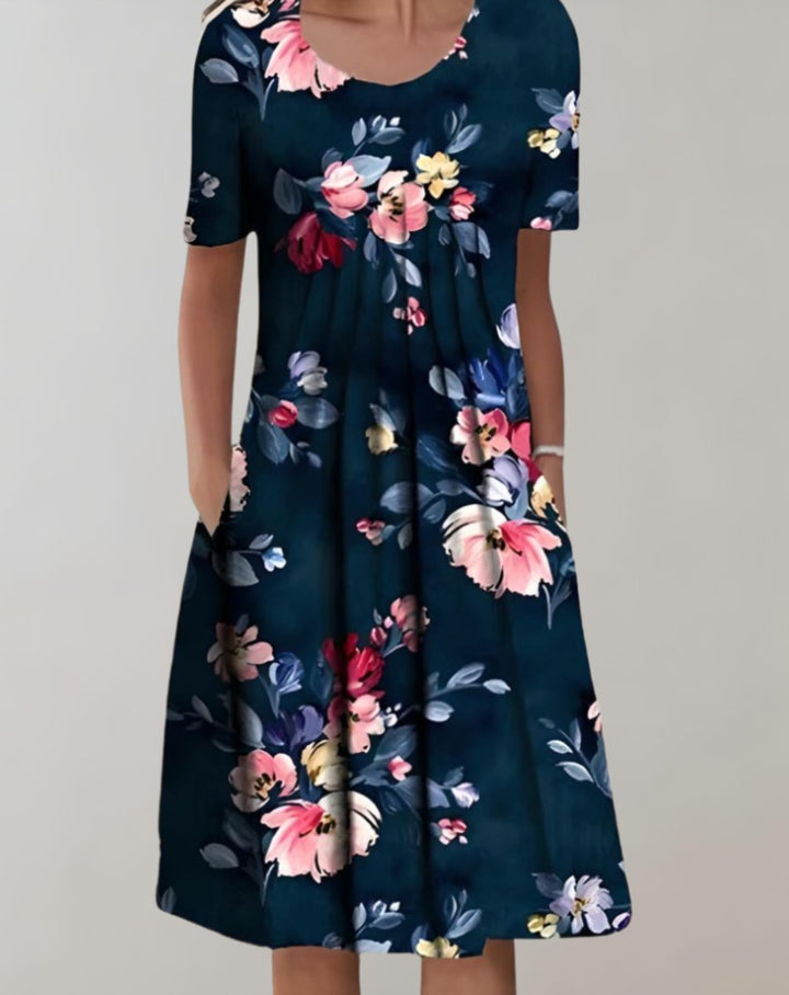 Inès | Bohemian Midi - Jurk - Jurk met bloemenpatroon - Blauwe Bloemen - #Calora#