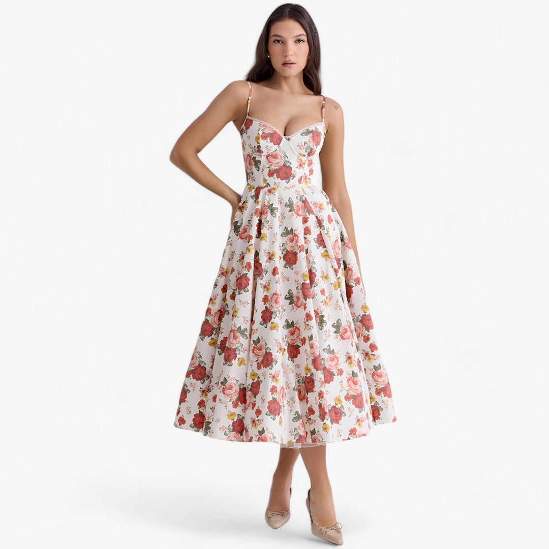 Lange Gala Jurk Met Verfijnde Brede Snit En Elegante Details-Feest Jurken-Calora-Bloemen-S-Calora