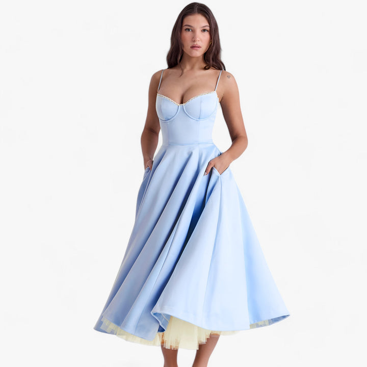 Lange Gala Jurk met verfijnde brede snit-Feest Jurken-Calora-Blauw-S-Calora