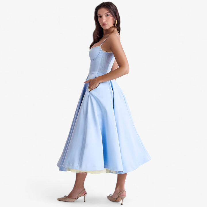 Lange Gala Jurk met verfijnde brede snit-Feest Jurken-Calora-Blauw-S-Calora