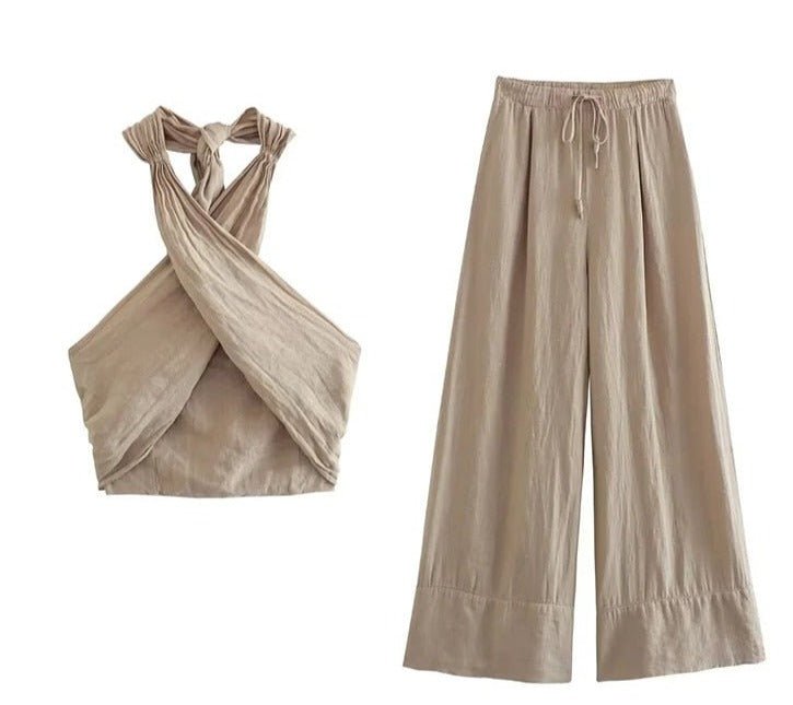 Leda | Mouwloze Linnen Top van Set - Linnen zomer kleding dames - Khaki Top - #Calora#