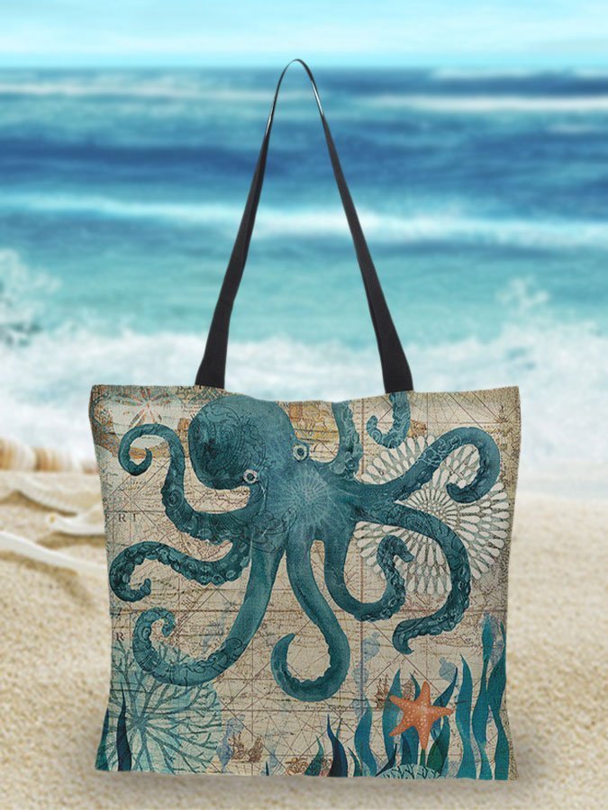 Linnen Strandtas Met Zeeprint - Octopus - #Calora#