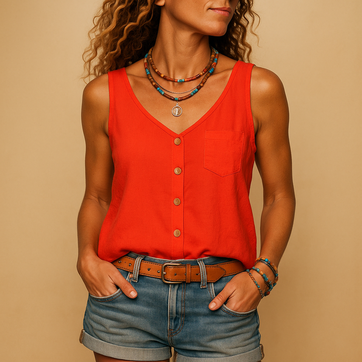 CALORA_ Luchtige Mouwloze Top met V Hals voor Dames Zomerse Look