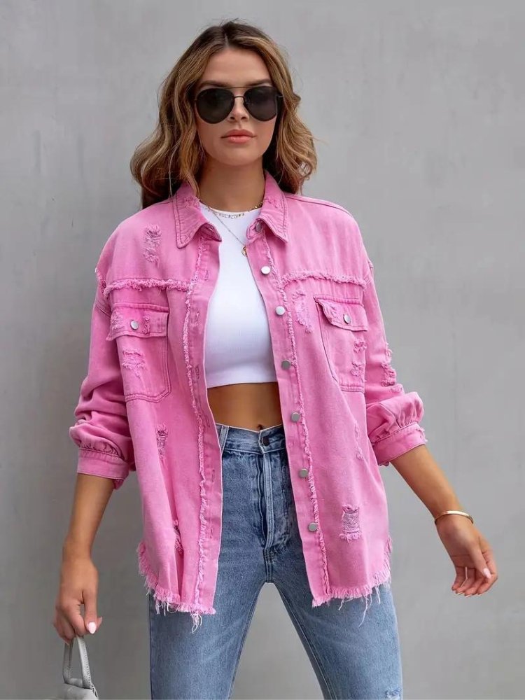 Marly | Oversized Dames Denim Jas - Roze - #Calora#