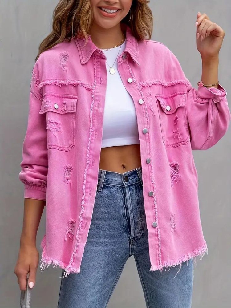 Marly | Oversized Dames Denim Jas - Roze - #Calora#