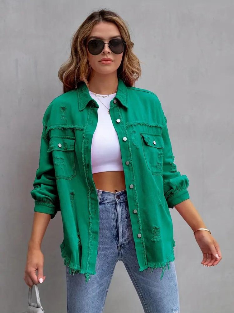 Marly | Oversized Dames Denim Jas - Groen - #Calora#