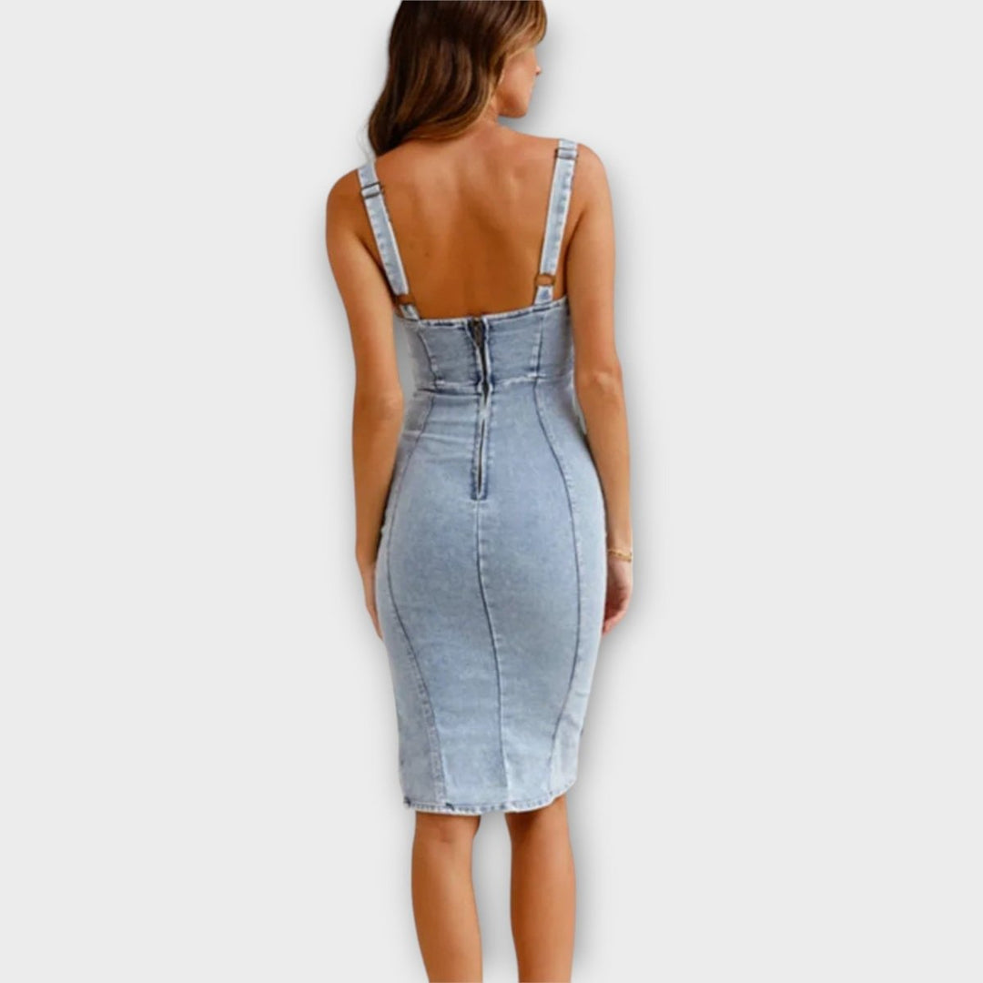 Mira | Denim jurk met verstelbare bandjes - Spijker Denim Jurk - Blauw - #Calora#