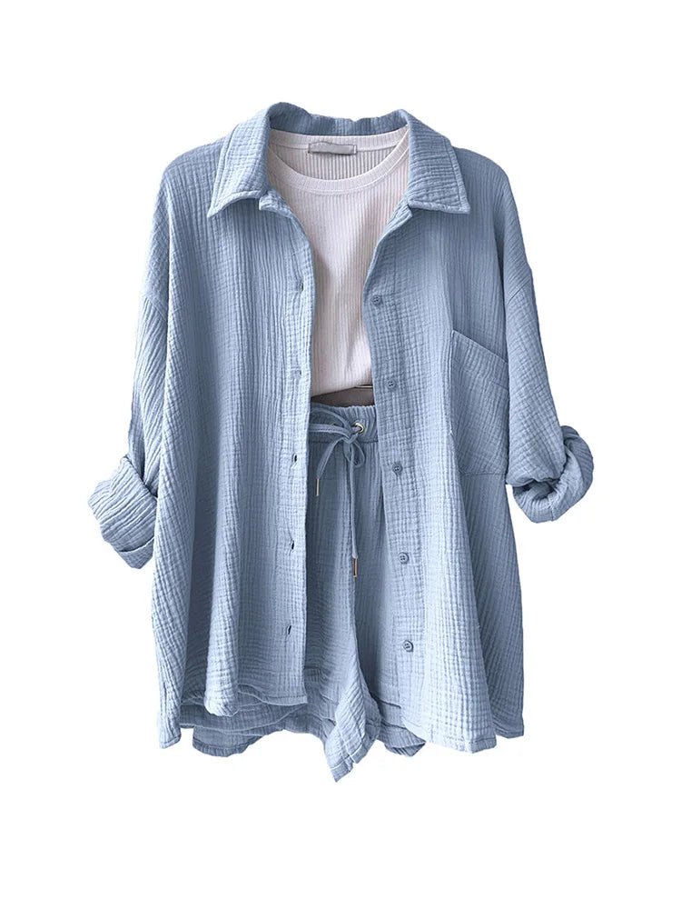 Mira | Katoen Linnen Blouse set - Linnen zomer kleding dames - Licht Blauw - #Calora#