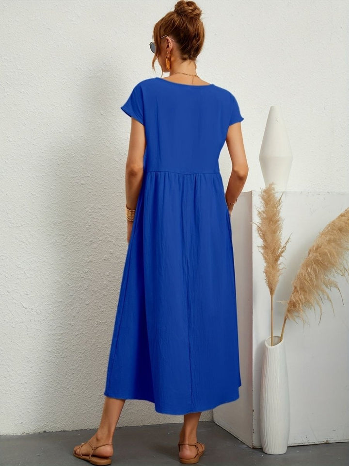 Nalivo | Jurk met ronde hals - Lange dames jurk effen - Blauw - #Calora#