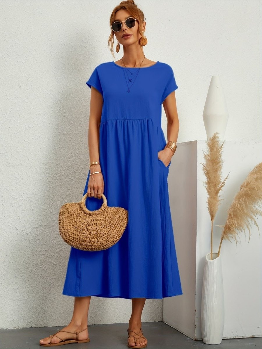 Nalivo | Jurk met ronde hals - Lange dames jurk effen - Blauw - #Calora#