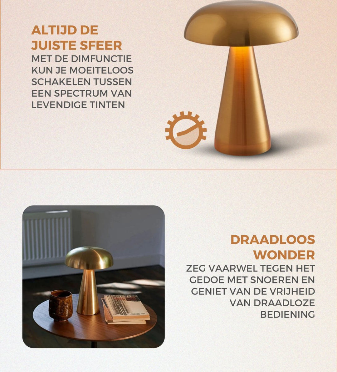 NightGlow | Draadloze Touch Nachtlamp - Decoratie nacht lamp - Koper - #Calora#