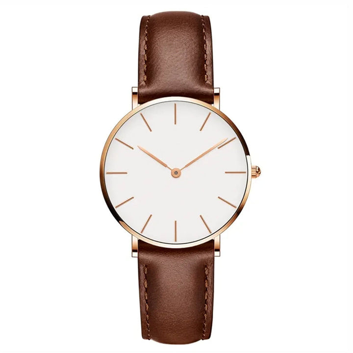 Diamira | Ronde Tijdloze Minimalistische Horloge met Lerenband