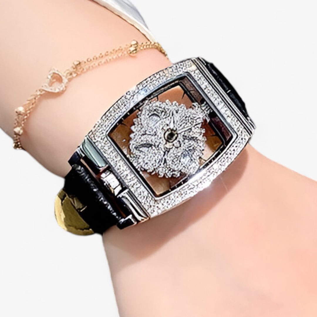 Premium Quartz Horloge met Draaibare Diamantdial en Leren Band