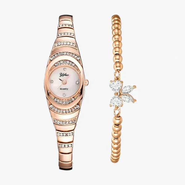 Ovale Dames Quartz Horloge met Kristallen Diamantaccenten