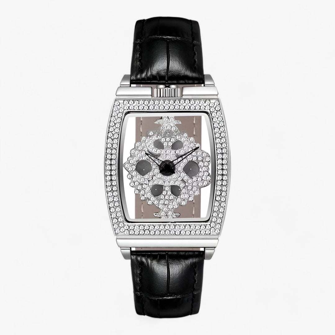 Premium Quartz Horloge met Draaibare Diamantdial en Leren Band