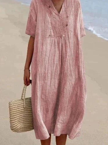 Prisca | Katoenen Linnen Zomer Jurk - Linnen zomer kleding dames - Roze - #Calora#