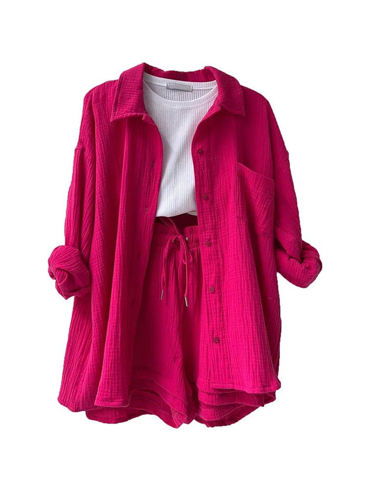 Rina | Katoen Linnen Zomer Blouse Set - Linnen zomer kleding dames - Roze - #Calora#