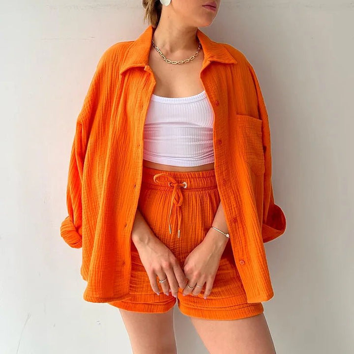 Rina | Katoen Linnen Zomer Blouse Set - Linnen zomer kleding dames - Oranje - #Calora#