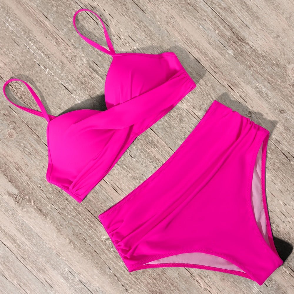 Serenara | Effen Bikini Met Hoge Taille - Zwart Roze - #Calora#