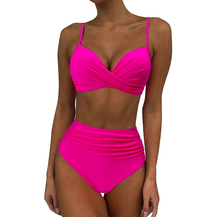 Serenara | Effen Bikini Met Hoge Taille - Zwart Roze - #Calora#