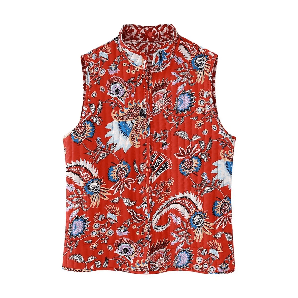 Solara | Vrolijk Bloemen Mouwloos Vest - Rood Patroon - #Calora#