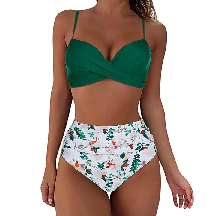 Sorenaro | Bikini Patroon Met Hoge Taille - Groen Wit - #Calora#