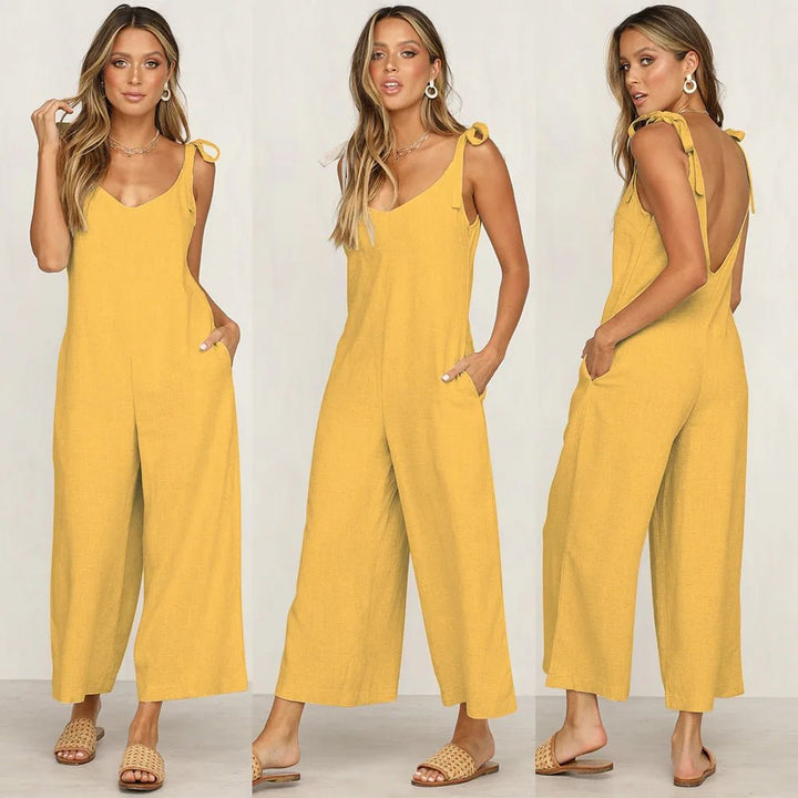 Sylvia | Stijlvolle Katoen Linnen Maxi Jumpsuit - Elegante dames pak kleding - Geel - #Calora#