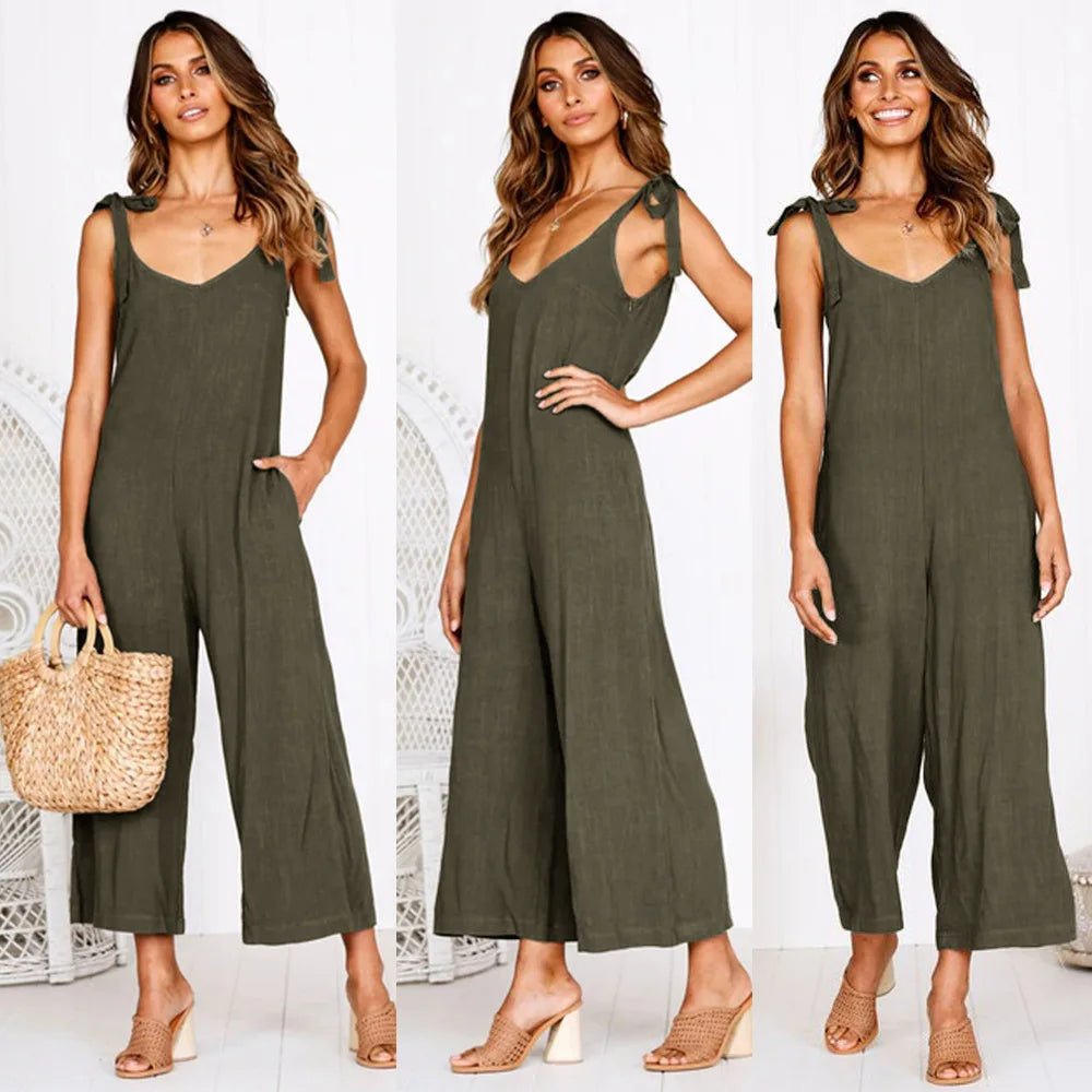 Sylvia | Stijlvolle Katoen Linnen Maxi Jumpsuit - Elegante dames pak kleding - Olijf Groen - #Calora#