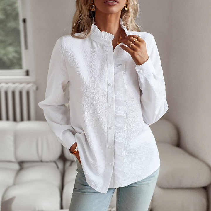 Wies | Elegante lange mouwen blouse met manchetkraag - Blouse - Wit - #Calora#